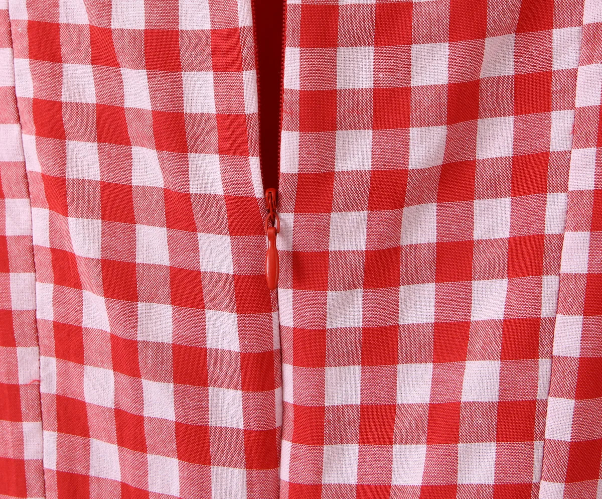 LIZAKOSHT  -  Sexy Red Gingham Plaid Mini Sleeveless Dress Women Bow O Neck Zipper Back Low Waist Ruched Hem Swing Tank Dresses Vestidos Black