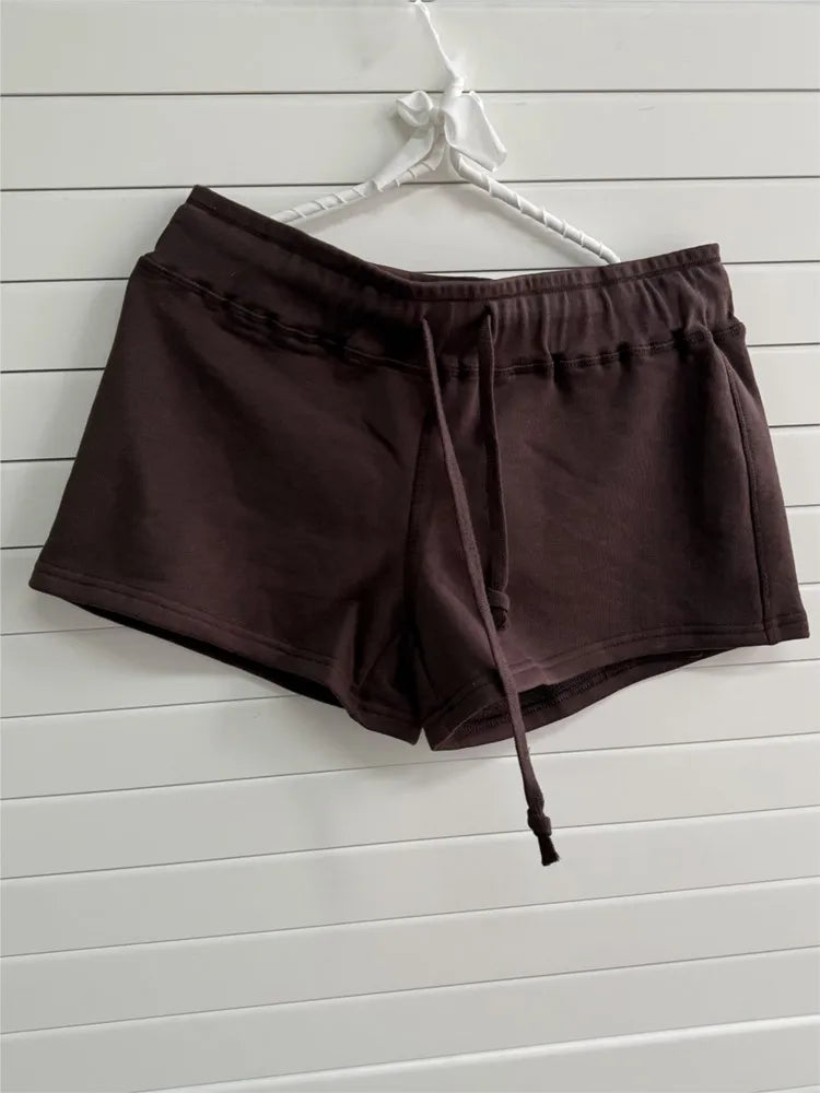 LIZAKOSHT  -   Brown Cotton Drawstring Short Pants Women Summer Simple Basic Straight-leg Shorts Sweet Preppy Style Sport Sweatshorts Y2K