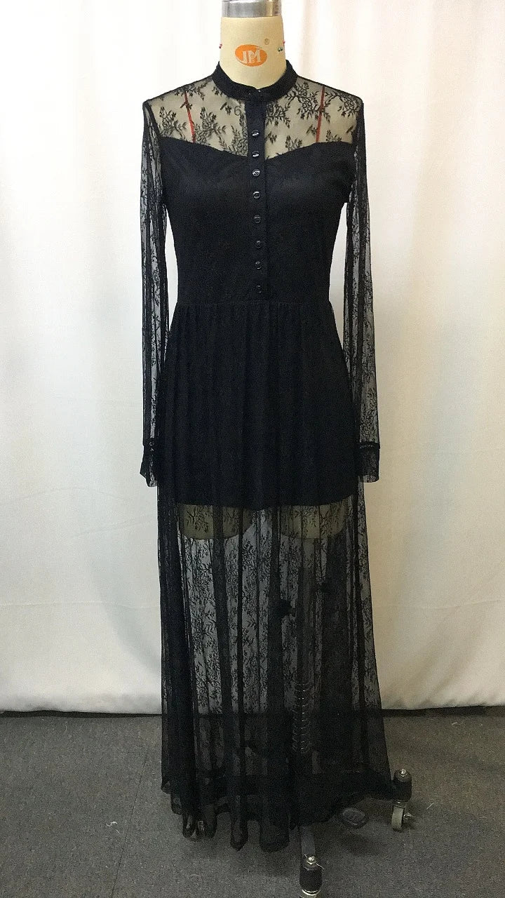 LIZAKOSHT  -  Fashion O-neck Women's Long-Sleeved Dress Lace Patchwork Pastoral Styles Elegant Floor-Length Gown for Special Occasions