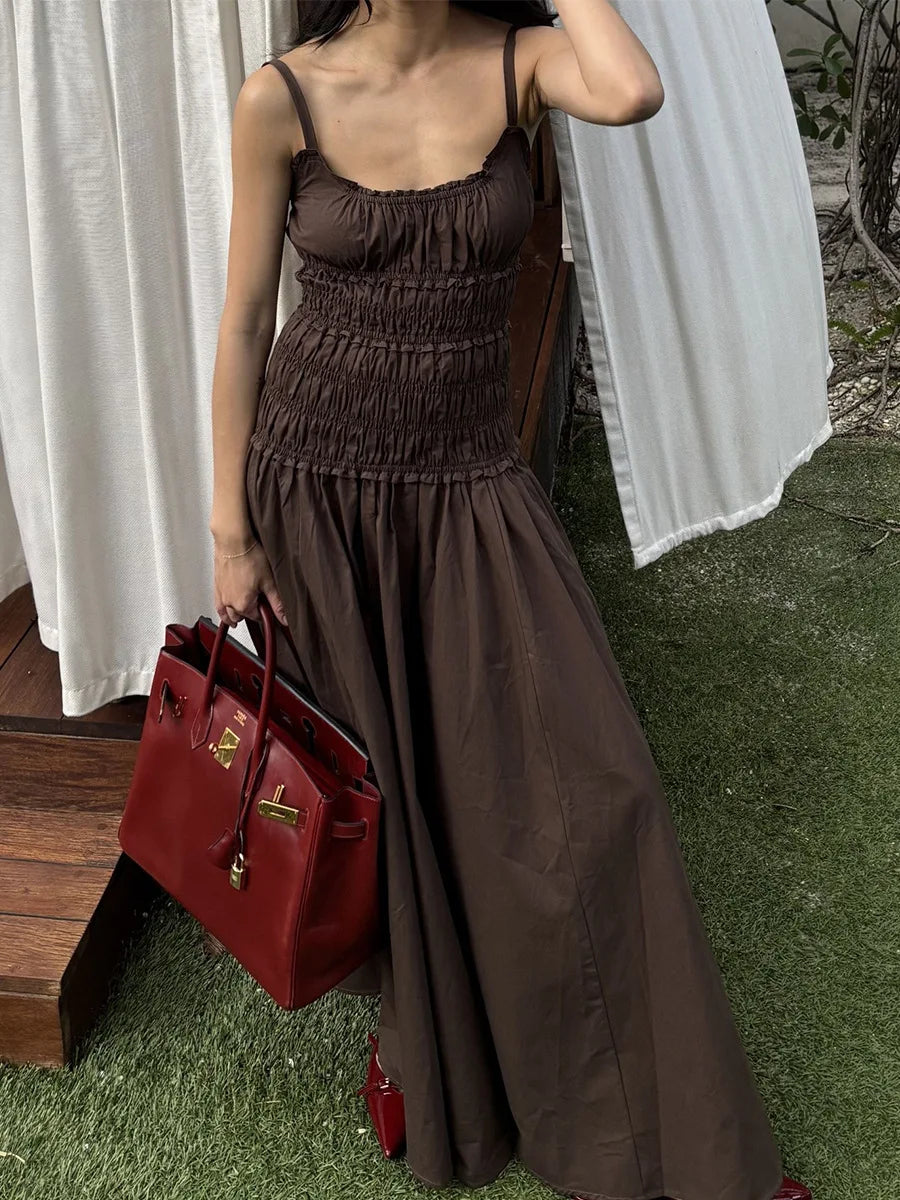 LIZAKOSHT  -  New 2026 Summer White Ruched Long Dresses Women's Spaghetti Strap Cotton Slim Fitted Waist Dress