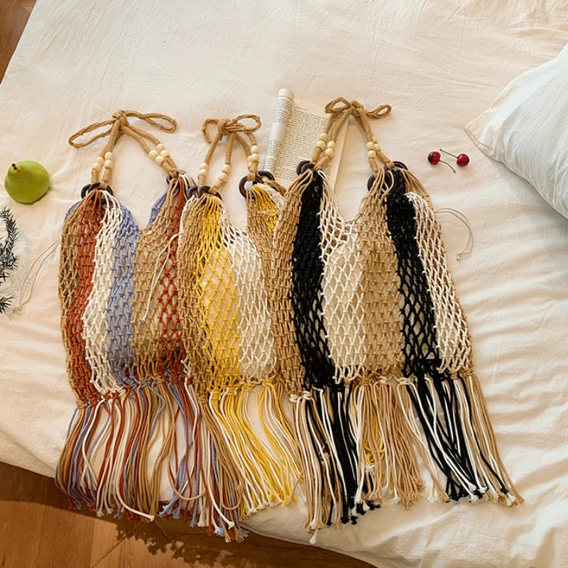 LIZAKOSHT  -  Patchwork Contrast Color Striped Shoulder Bag Vintage Hollow Out Knitted Tassel Crossbody Handbags Grunge Y2k Trendy Tote Bags