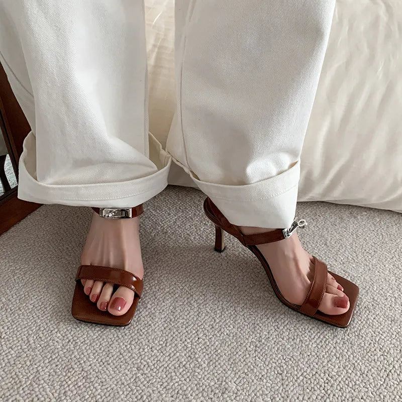 LIZAKOSHT  -  Fashion Sandals Women's New High Quality Genuine Leather Classic Thin Belt High Heel Sandals Modern Summer Open Shoes