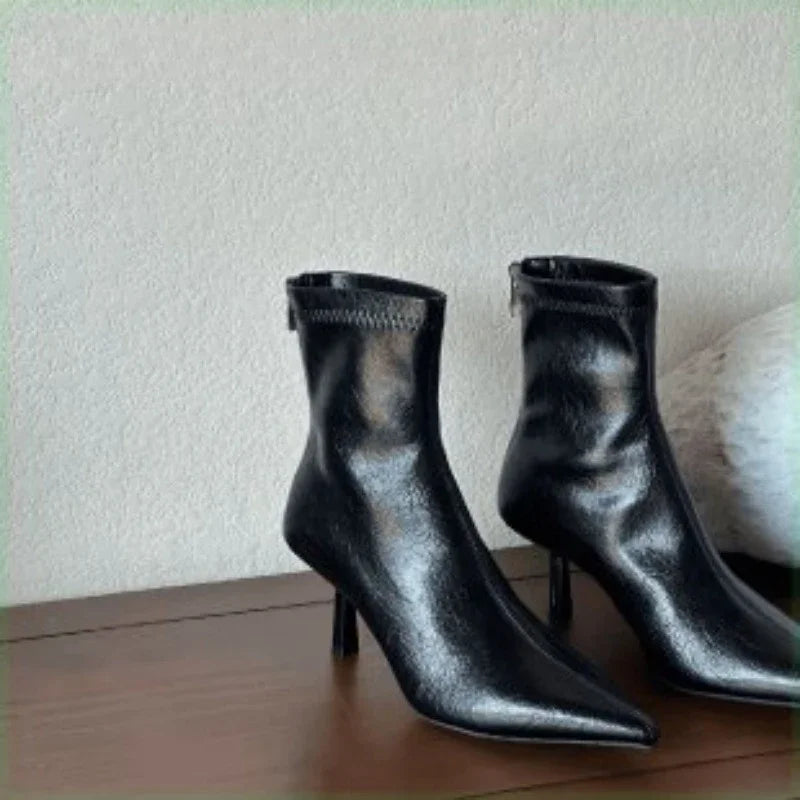 LIZAKOSHT  -   Soft Leather Elegant High Heel Short Booties Women Autumn Trendy Pointed Toe Modern Ankle Boots Formal Dress Daily Shoes