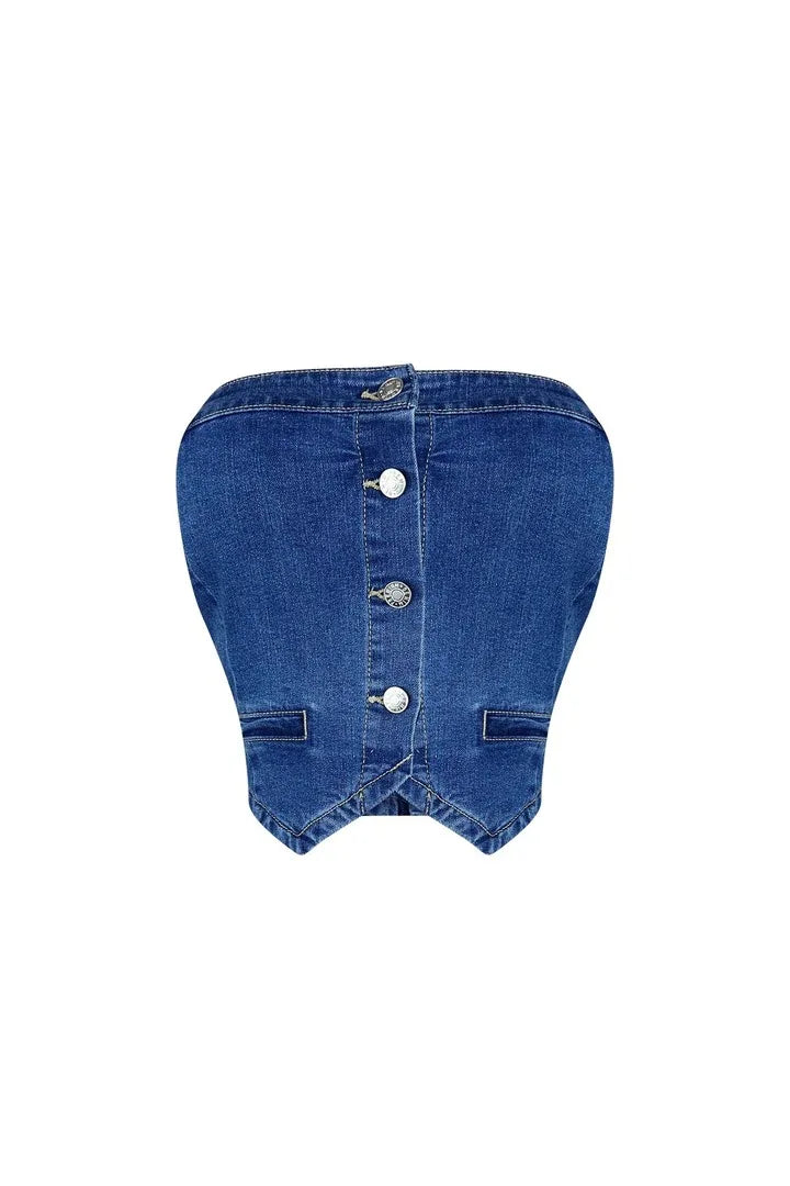 LIZAKOSHT  -  Stretch Denim Short Two Piece Set for Women Summer Sexy Button Strapless Tube Crop Top + Culottes Shorts Skinny Streetwear Suits