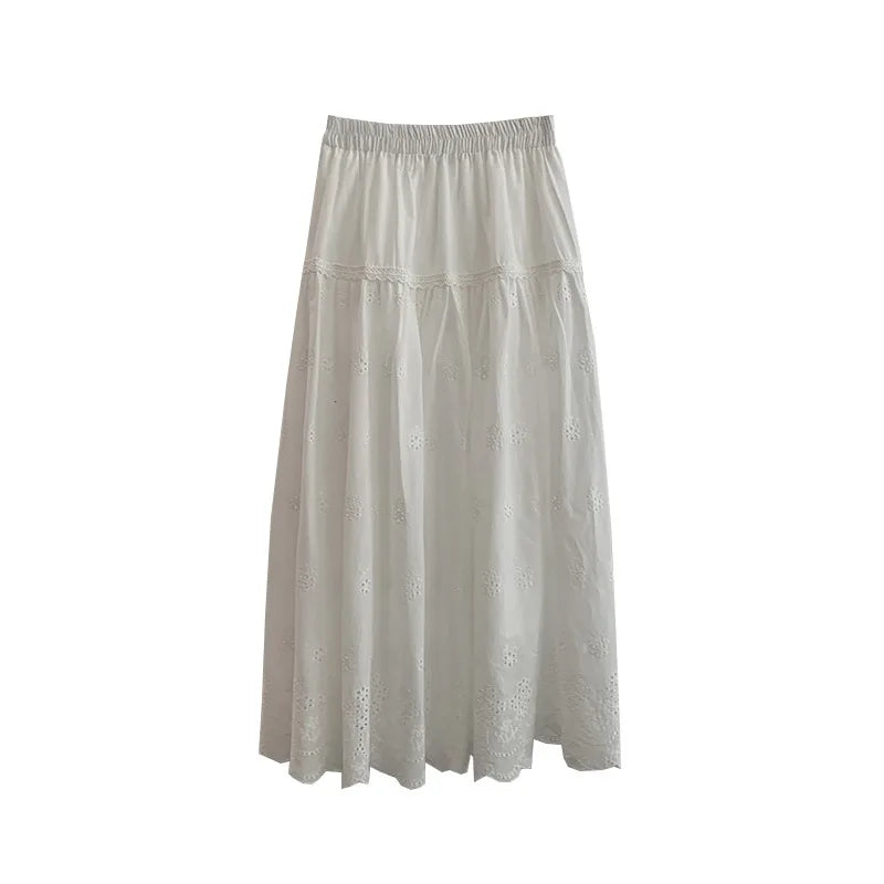 LIZAKOSHT  -  Embroidery Art Skirt Women Elastic High Waist Temperament Splicing Medium Long Solid Color Skirt Tide 7353