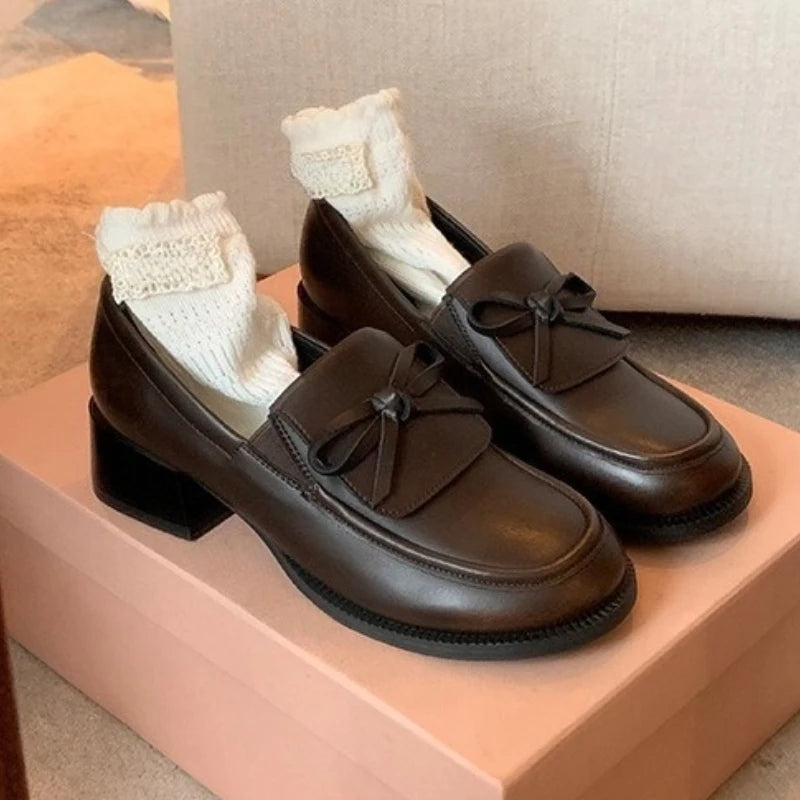 LIZAKOSHT  -  Retro Fashion Chunky Heel Loafers Women Bowknot Round Toe Comfort British Style Casual Soft Leather Shoes Zapatos De Mujer
