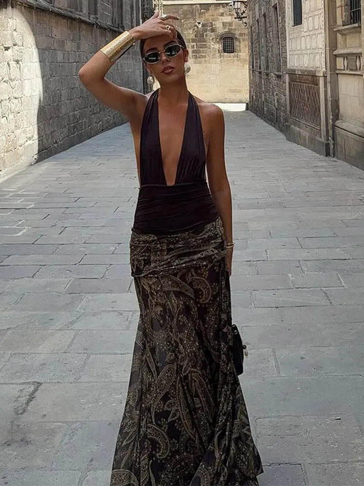 LIZAKOSHT  -  Fashion Print Long Skirt Women High Waist Ankle-length Loose Swing Skirt 2025 Summer Fashion Female Vacation Streewear Outerwear