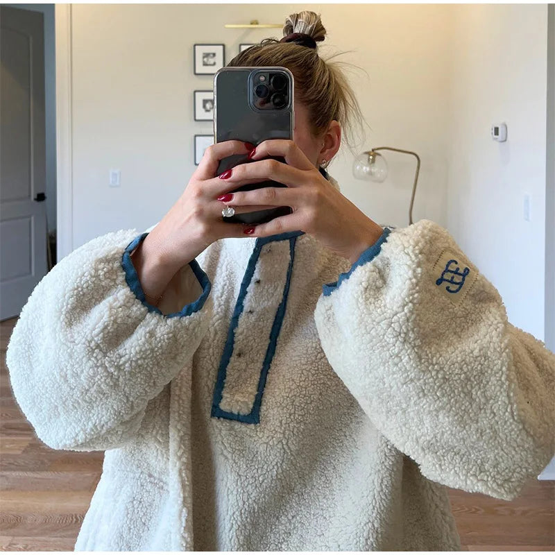 LIZAKOSHT  -  Faux Shearling Stand Collar Sweatshirt Tops Women's Long Sleeve Oversized Chic Cozy Outerwear Autumn New Casual Girls Outfit