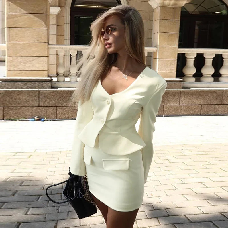 LIZAKOSHT  -  Skirt And Blazer 2 Piece Sets For Women Autumn V Neck Short Jacket Coats Femme Office Commuting Slim Mini Skirt Suits