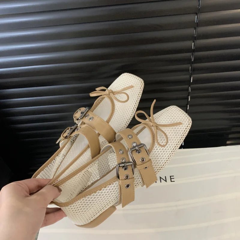 LIZAKOSHT  -  Summer Designer Mesh Women Ballet Shoes Fashion Butterfly-Knot Shoes SQUARE BUCKLE Beach Roman Sandals