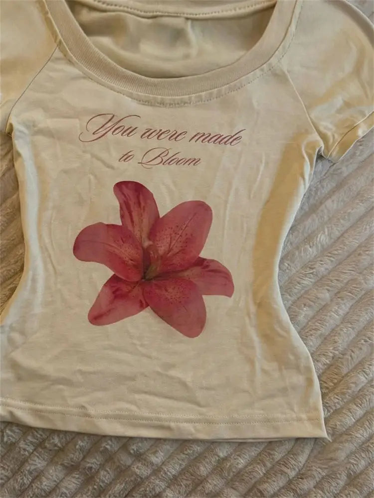 LIZAKOSHT  -  American Retro Floral Print T-shirt Y2k Hot Girl Short-sleeved T-shirt Aesthetic Clothes Fashion Trends Short Tops T Shirt Women