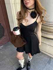 LIZAKOSHT  -  Y2K Sweet Style Dress Women V-Neck Skinny Backless Sleeveless Solid Ruffles Daily Street Fashion Elegant Mini Bodycon