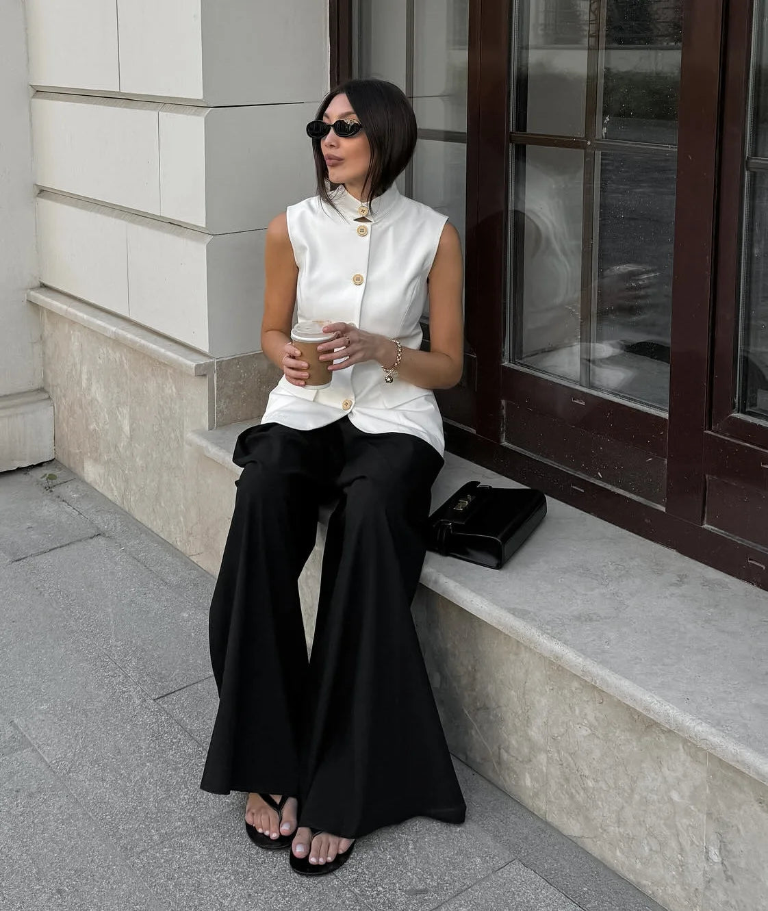 LIZAKOSHT  -  Women Sleeveless Blazer Vest White Office Waistcoat Slim Fit Workwear Summer Business Casual Top Elegant Stand Collar