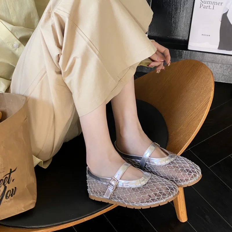 LIZAKOSHT  -  Round Toe Mesh Women Flat Shoes Fashion Summer NEW Breathable Buckle Strap Ladies Footwear Soft Flat Heel Mary Jane Sandals