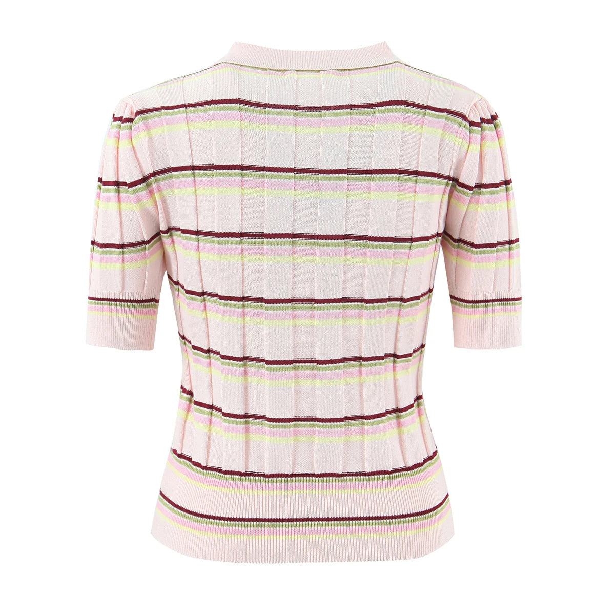 LIZAKOSHT  -  Women Pink Stripes Open Buttons Polo Collar Rib Knitted Short Sleeve Sweater Pullovers Knitwear All Match Knitting Tops Jumper