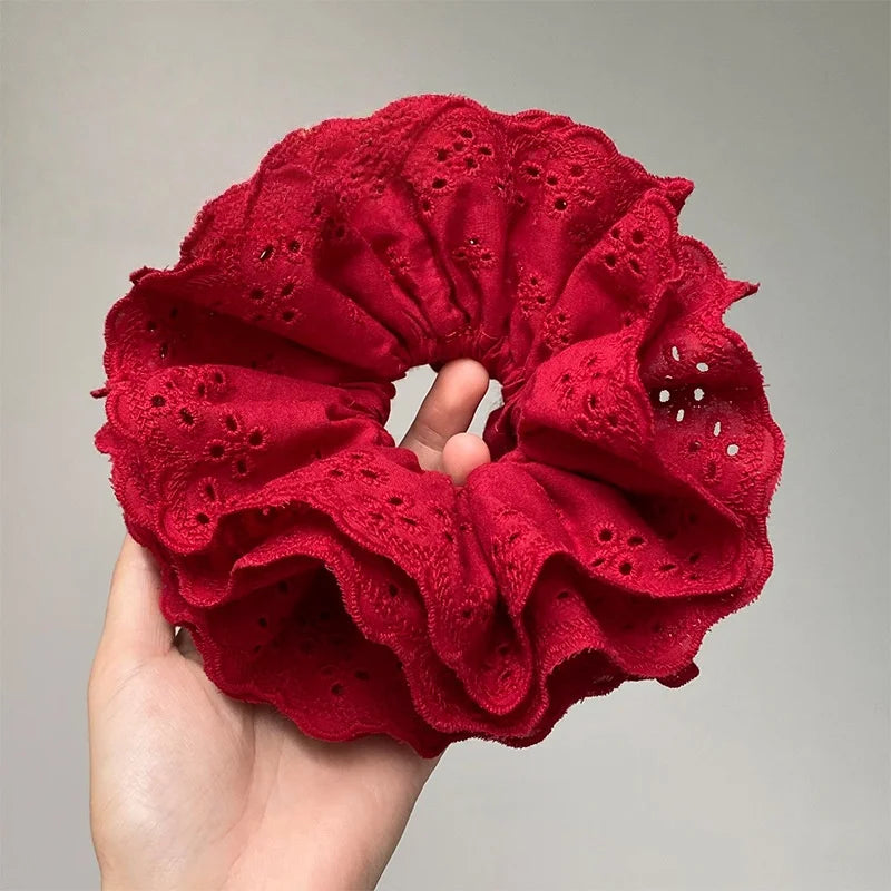 LIZAKOSHT  -  1PC Atmosphere-Enhancing Tipsy Red Cotton Fabric Hollow-Out Four-Layer Scrunchie - Elegant Wine-Red Hair Flower Bun Hair Tie