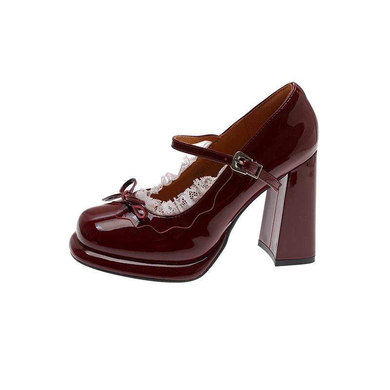 LIZAKOSHT  -  Street Style Thick Heel Women Mary Jane Shoes Concise Butterfly-knot Single Shoes Ladies Elegant Wedding Party Leather Pumps