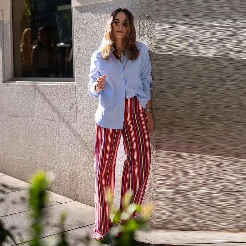 LIZAKOSHT  -  Fashion Red Multicolor Striped Pants For Women Casual High Waist Wide Loose Long Trouser Lady Spring Summer Vacation Pants