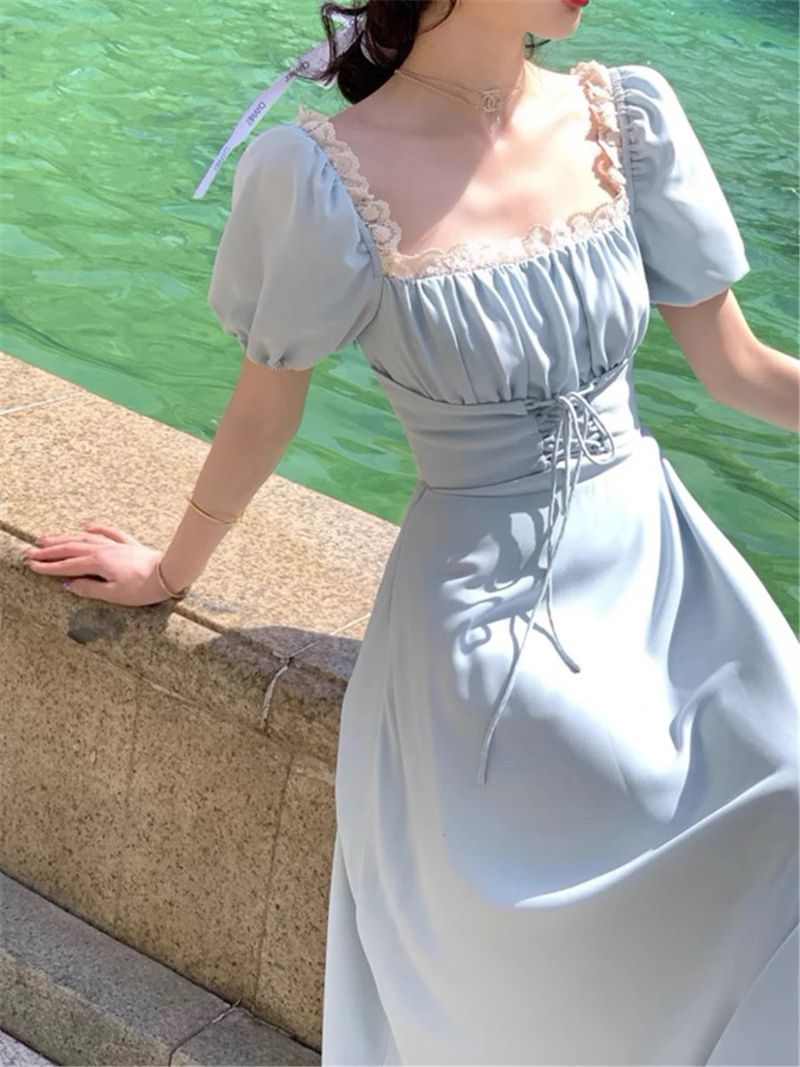 LIZAKOSHT  -  Midi Dress Women Elegant Summer New Fashion Evening Party Lady Vestidos Vintage Lace Up Dresses Female Korean Slim Clothes