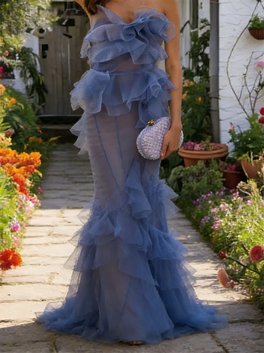 LIZAKOSHT  -  Elegant Strapless Illusion Ruffles Sleeveless Mermaid Formal Evening Dresses Birthday Party Prom Gowns Customized