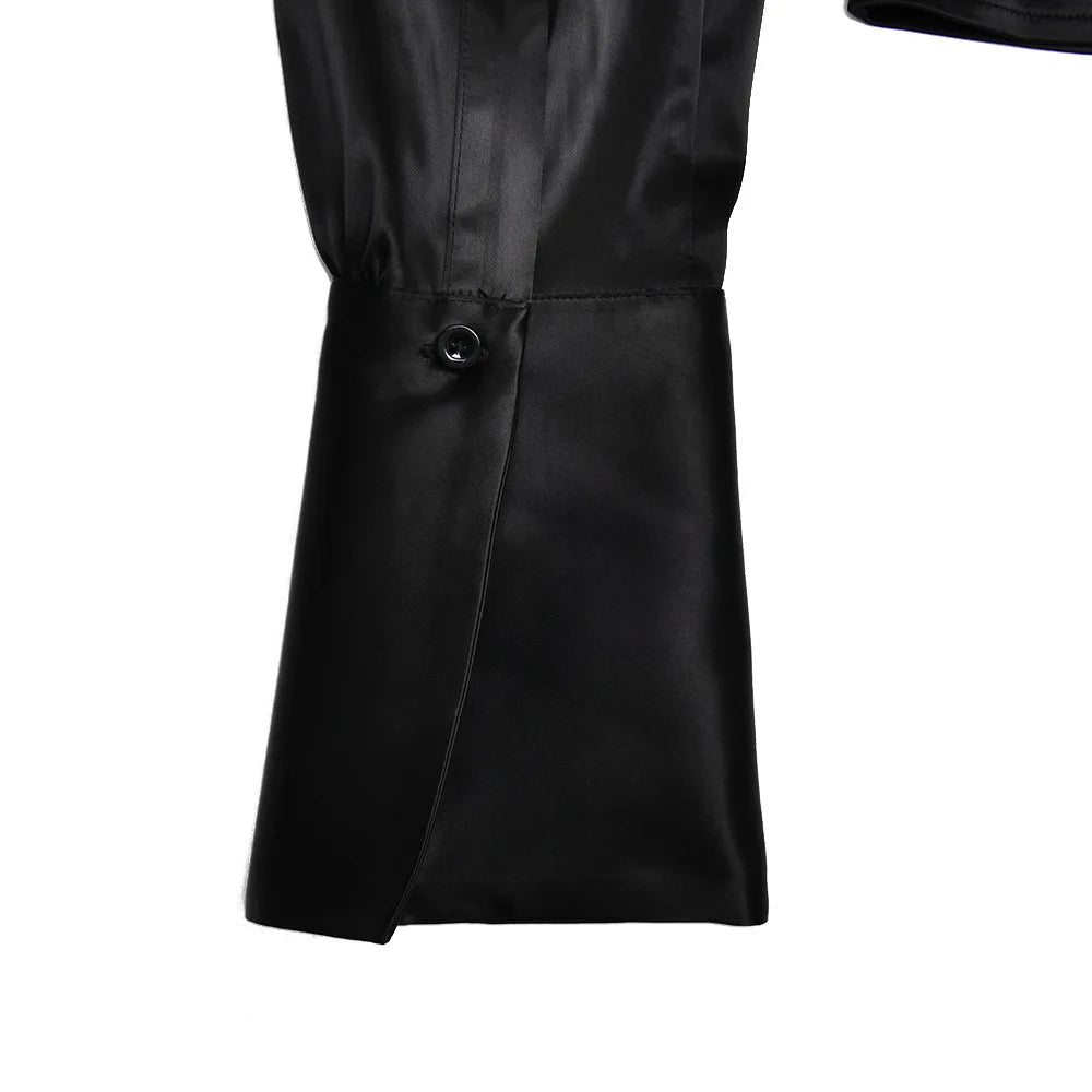 LIZAKOSHT  -  Waist-Snug Lapel Button-Front Satin Blouse Tops 2026 Spring Chic Elegant  Long-Sleeve Slim Top Fashion Chic Office Lady Shirt