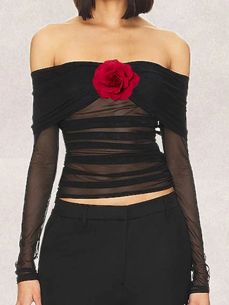 LIZAKOSHT  -  Y2k Tops Women Sexy Black Mesh See Through Party T Shirt Spice Girls Backless Off Shoulder Skinny Tees Floral Applique Clothes