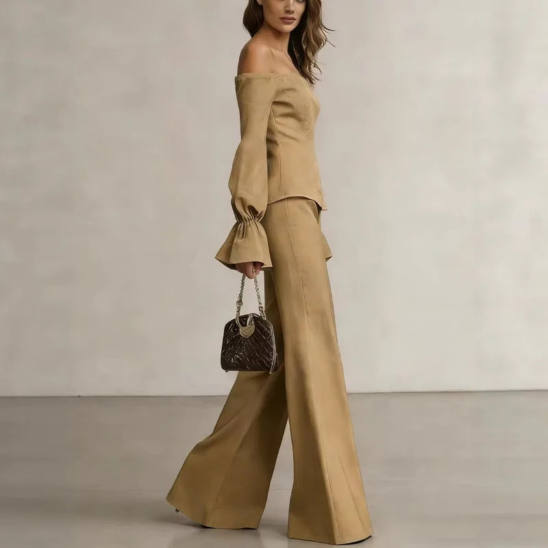 LIZAKOSHT  -  2026 New Bubble Sleeve Temperament Off-the-shoulder One-word Collar Fashion Women's Top Wide-leg Pants Two-piece Set