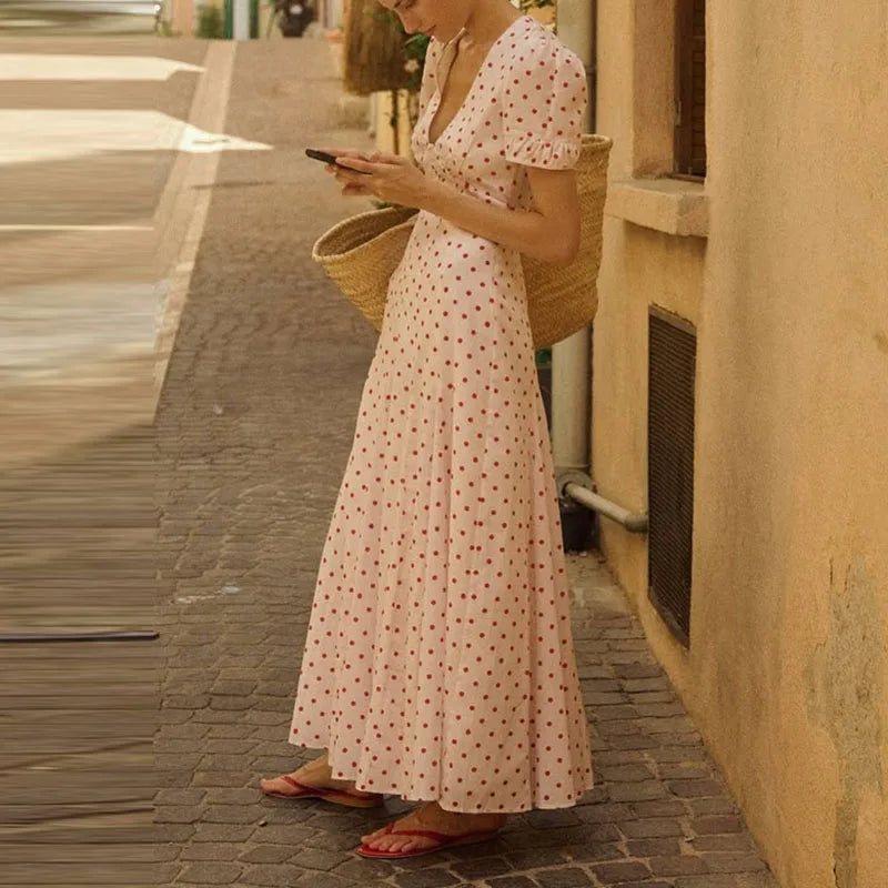 LIZAKOSHT  -  French Style Seaside Vacation Long Dress Elegant Polka Dot Print V-neck Evening Dress Casual Short Sleeve High Waist Swing Dress