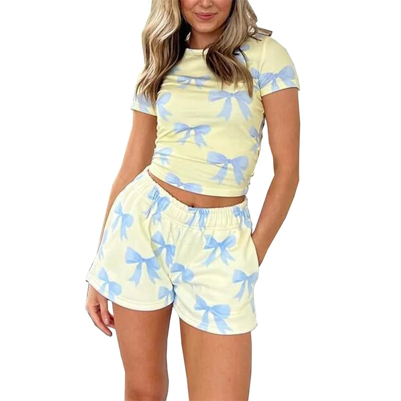 LIZAKOSHT  -  Lounge Outfit Set Women Coquette Clothing Floral Print Short Sleeve T-Shirt Shorts with Pockets 2 Piece Set Clothes