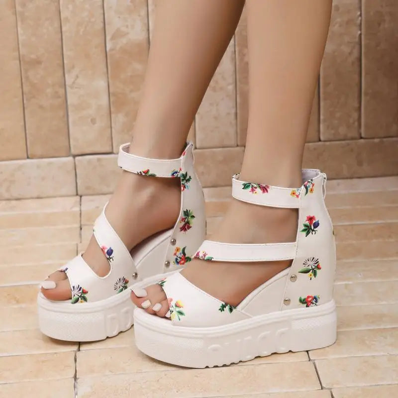 LIZAKOSHT  -  Rose Print Wedge Heel Ankle Strap Sandals Women Summer Rear Zip Chunky Platform Sandals Fashion Super High Heel Shoes