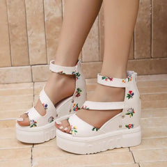LIZAKOSHT  -  Rose Print Wedge Heel Ankle Strap Sandals Women Summer Rear Zip Chunky Platform Sandals Fashion Super High Heel Shoes