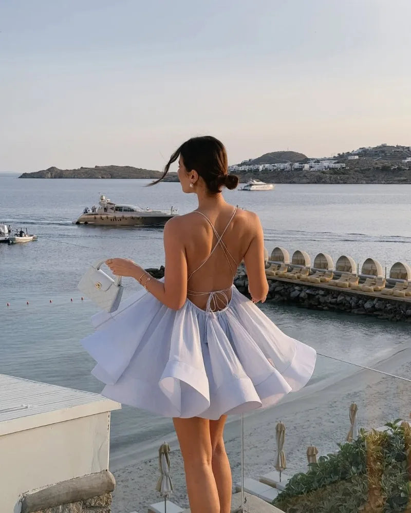 LIZAKOSHT  -  Vacation Beach Dress For Women Summer Sexy Deep V Neck Loose Solid Camisole Dresses Fashion Bandage Backless Ruffle Party Dress