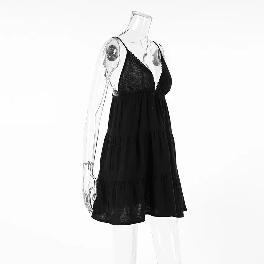 LIZAKOSHT  -  Women Sexy Sleeveless V-neck Mini Dress Chic Backless Off Shoulder High Waist Pleated Loose Dresses Lady Holiday Vestidos