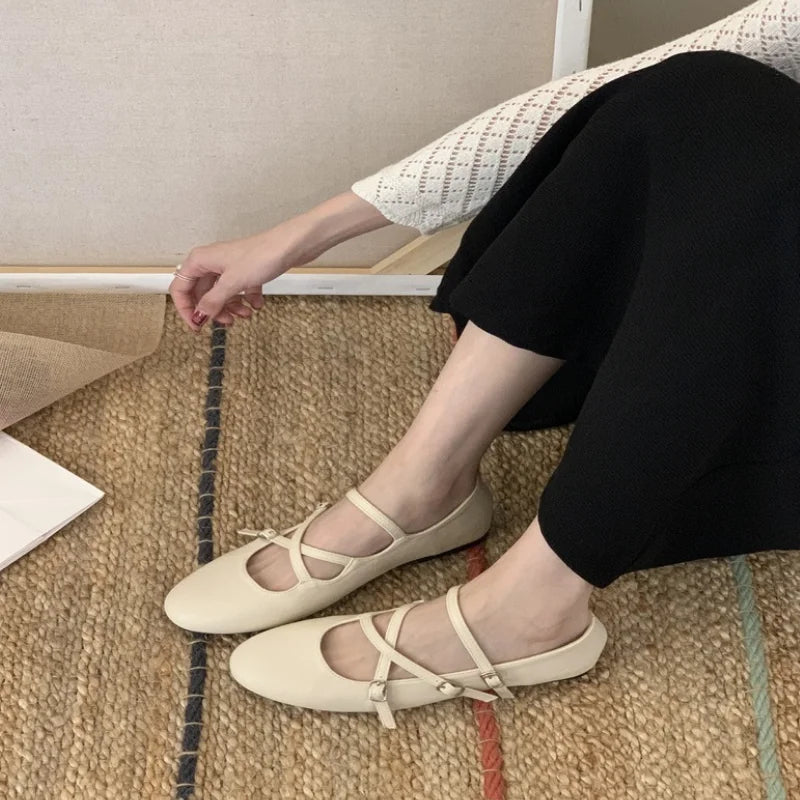 LIZAKOSHT  -  Spring New Women Mary Jane Flat Shoes Fashion Round Toe Slip On Footwear Ladies Elegant Cross Belt Ballet Shoes
