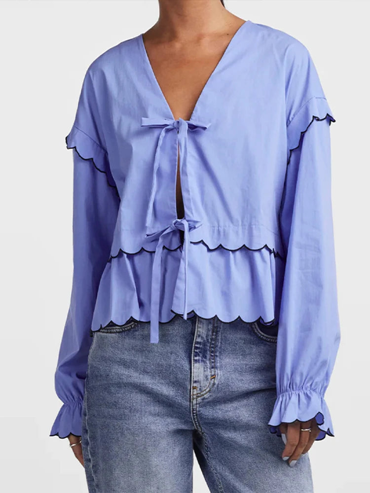 LIZAKOSHT  -  Casual Wave-edged Strap Blouse For Women V-neck Hollow Out Lace Up Ruffled Shirts Female Spring Summer New Chic Lady Tops