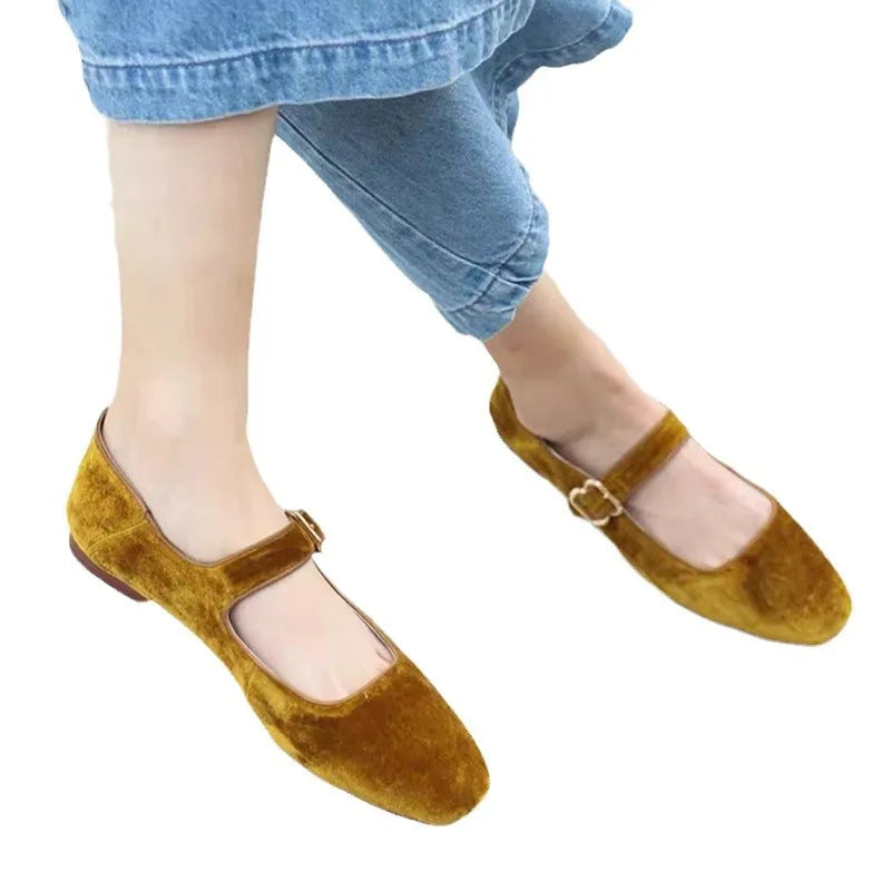 LIZAKOSHT -  Designer Women Velvet Mary Janes Belt Strap Shoes Ladies Square Toe Flats Ballerina Dress Barefoot Loafers Brides Ballets Femmes