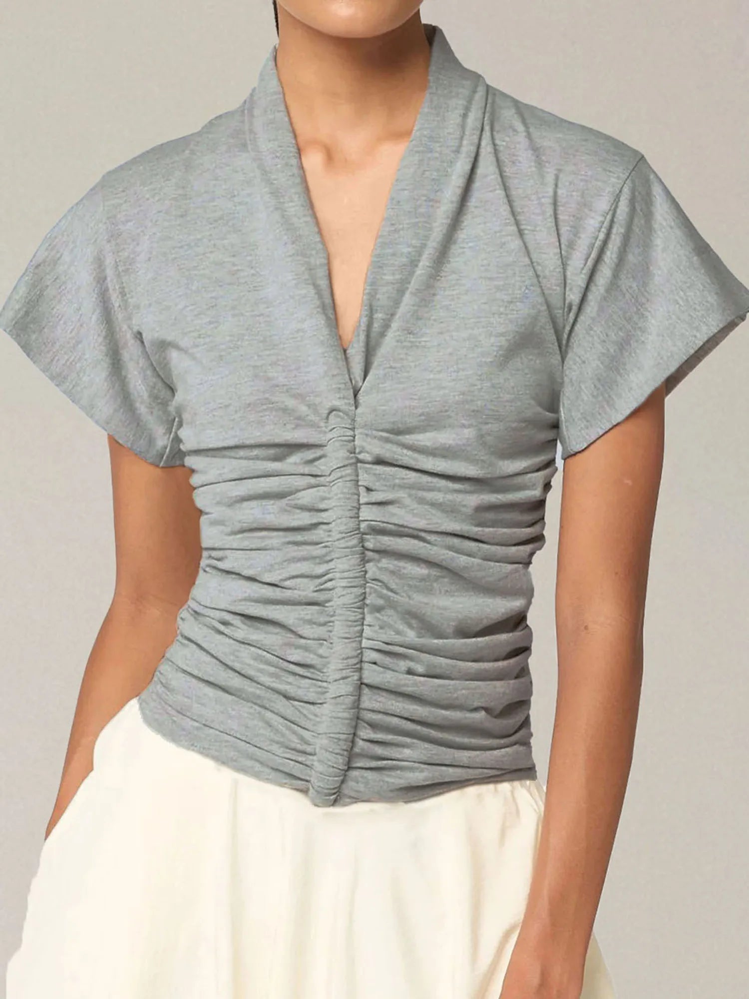 LIZAKOSHT  -  Women s V Neck Short Sleeve Pleated Solid Color  Fit T-shirt Casual Summer Top for Daily Streetwear Fashion