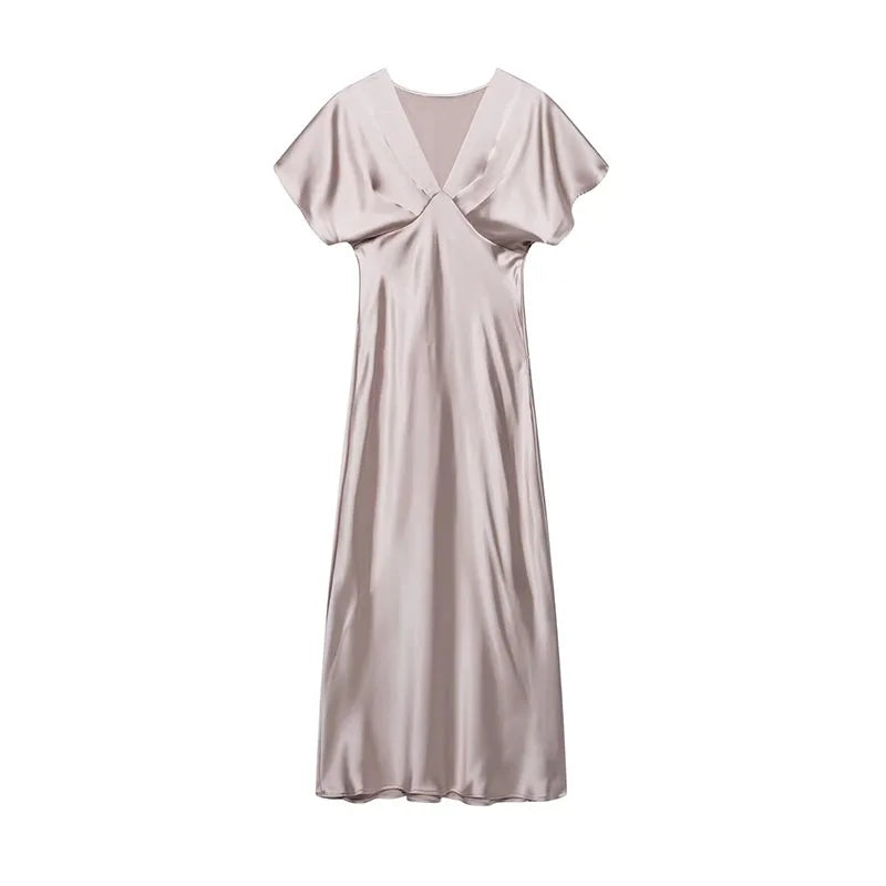 LIZAKOSHT  -  Elegant Satin Solid Long Dress Women V-neck Short Sleeve Pleated Female Party Dresses Summer Lady Chic Holiday Beach Robes