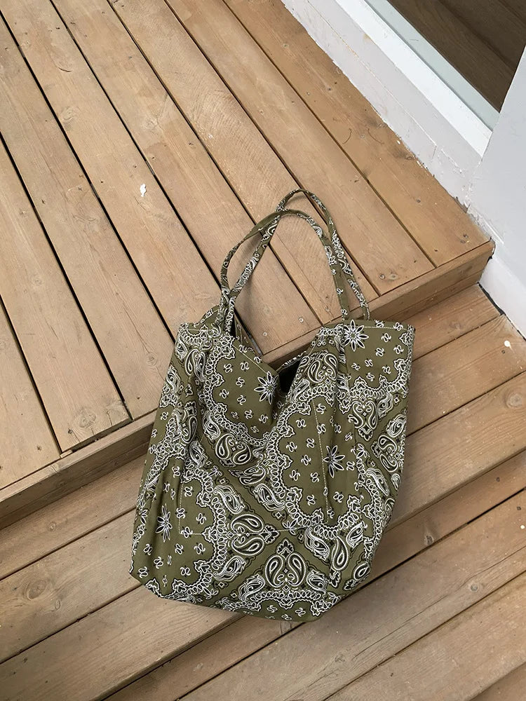LIZAKOSHT  -  Fashion Student Canvas Bag Large Capacity Handbag Retro Cashew Flower Shoulder Bag Casual Tote For Woman
