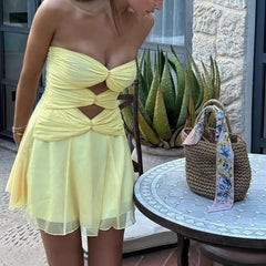 LIZAKOSHT  -  High Street Cocktail Mini Dress Sexy 2025 Strapless Night Club Hollow Backless Mini Dress Female Solid Pleat Party Dress Women