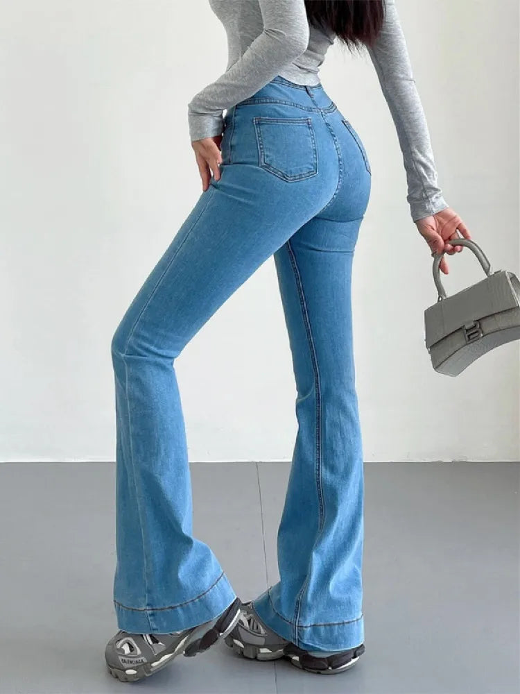 LIZAKOSHT  -  Women Vintage Stretch Denim Pants Streetwear Long Trousers Blue Black Gray Autumn Retro High Waist Floor Length Flare Jeans