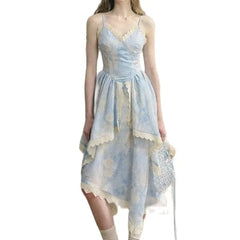 LIZAKOSHT  -  Strap Dress Irregular Floral Blue French Waist Plus Size 2024 Summer New Gentle New Sweet Holiday Dress