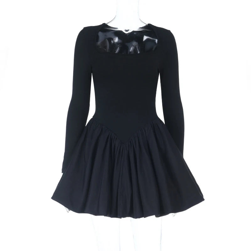 LIZAKOSHT  -  Classic Black Princess Fluffy Dress For Women Elegant Crew Neck Long-sleeved High Waist Pleated Mini Gowns Party Streetwear