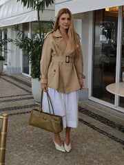 LIZAKOSHT  -  Fashion Women Windbreaker French Lapel Long Sleeve Belt Pocket Waist Cinching Long Coat Casual Early Autumn Street Wear