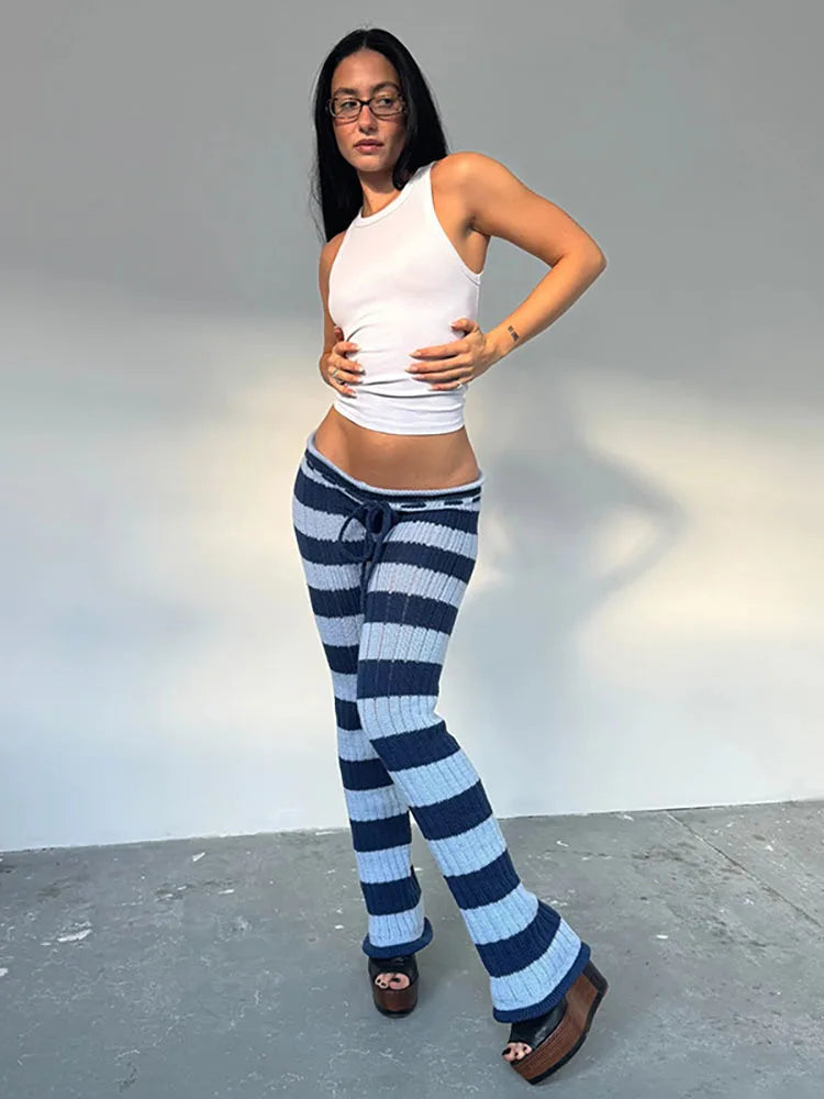 LIZAKOSHT  -  Knitted Sexy Low Waist Drawstring Women Pant Patchwork See Through Long Trousers Autumn Winter Slim Casual Streetwear