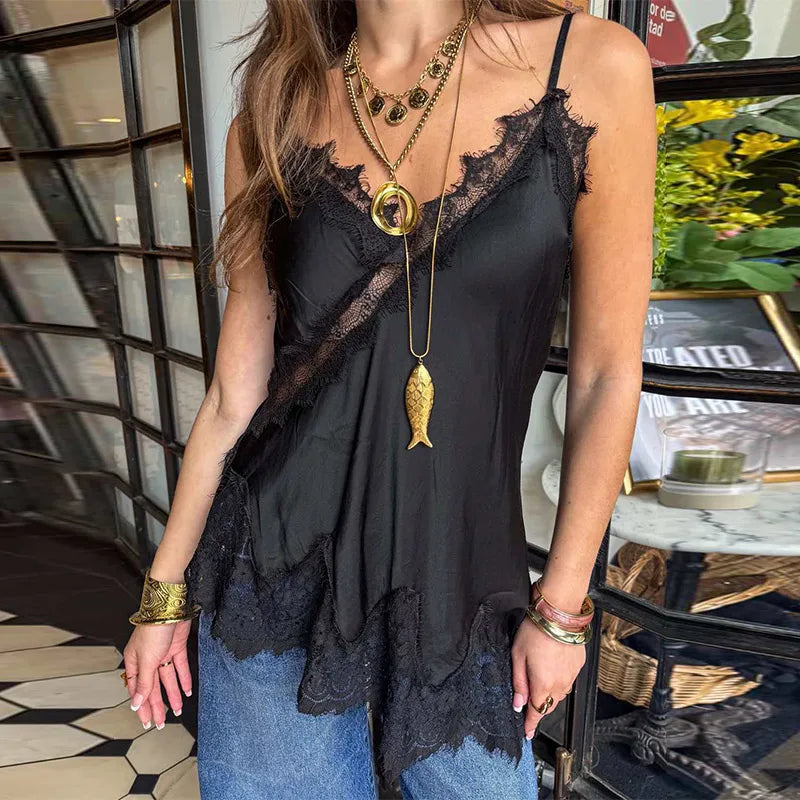 LIZAKOSHT  -  Sexy Satin Sling Tops Women V Neck Hollow Out Patchwork Lace Irregular Tank Top Female New Chic Solid Fashion Streetwears