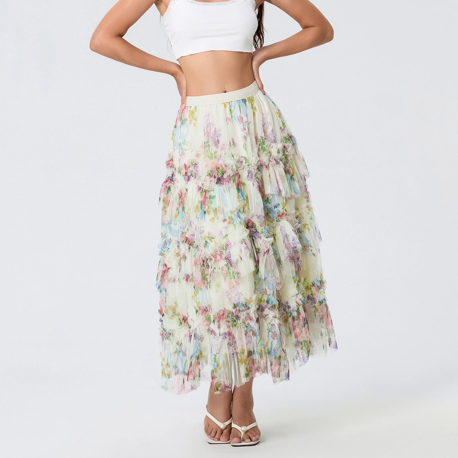 LIZAKOSHT  -  Early Fall Floral Print Ruffle Mesh Skirt Women Irregular Flowy A-line Midi Skirt for Travel, Beach, Shopping