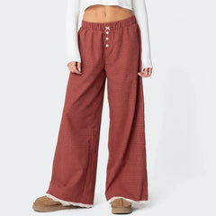 LIZAKOSHT  -  Women Red Gingham Wide Leg Pants Lace Trim Vintage Elastic Waist Straight Leg Plaid Pants Y2K Vintage Streetwear