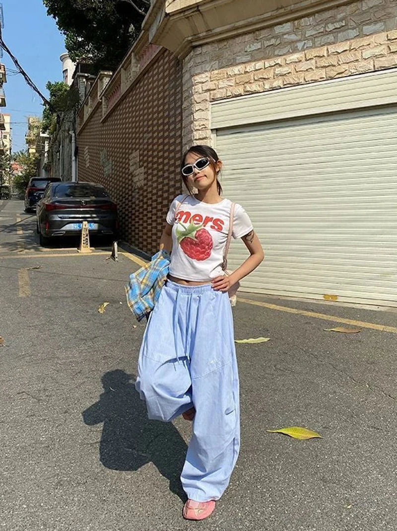 LIZAKOSHT  -  Women Striped Jazz Dance Pants Blue Loose Casual Lazy Wide Leg Pants Harajuku Y2K Summer American Streetwear Cargo Pants