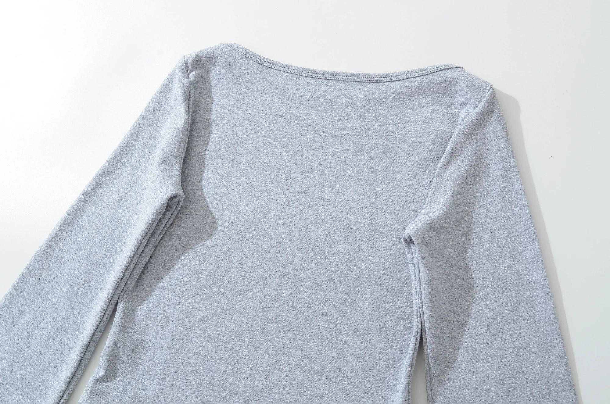 LIZAKOSHT  -  4 colors Summer Plain Color Slash Collar Jersey 3/4 Flare Sleeve Tee Women Skinny Slim fit Base Short T-shirts Crop Top Gray